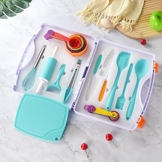 Cooking Set for Kids, Real Cooking Kids Baking Set with Organizer Carrying Case for Girls, Kitchen Tools Kids Knife Set for Boys, Kid, Toddler, Gift, Toys-Blue