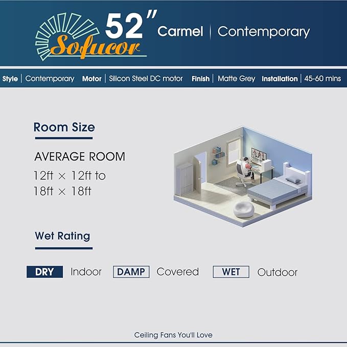 Sofucor 52" Flush Mount Ceiling Fan with Lights Remote Control, Outdoor Indoor Ceiling Fans with Lights, Dimming Lighting, Quiet Energy Saving with 6 Speeds, Timer, Silver