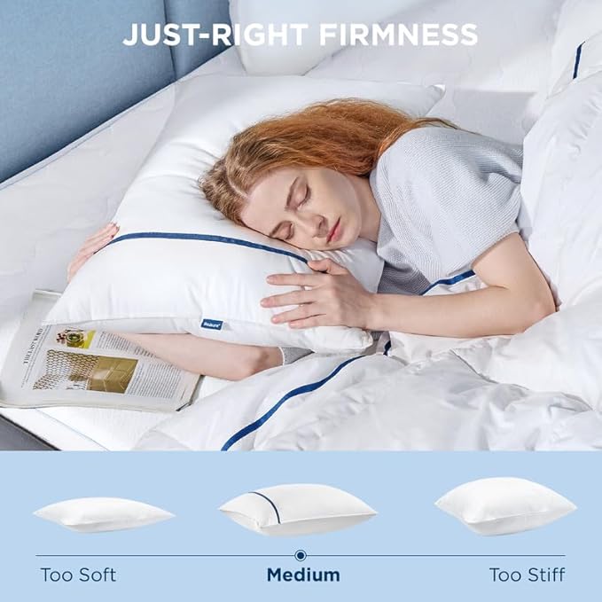 Bedsure Hotel Pillows - Luxury Bed Pillows for Sleeping with Decoration Strip Breathable Cover Soft & Supportive Pillows for Side, Back or Stomach Sleepers (2, Blue, Queen)