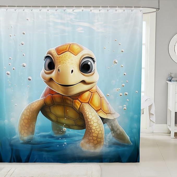 Feelyou Cute Sea Turtle Shower Curtain Kids 3D Print Fabric Shower Curtain Ocean Animal Bathroom Waterproof Accessories with 12 Hooks for Women Men Ocean Theme Curtains,72x78 Inches
