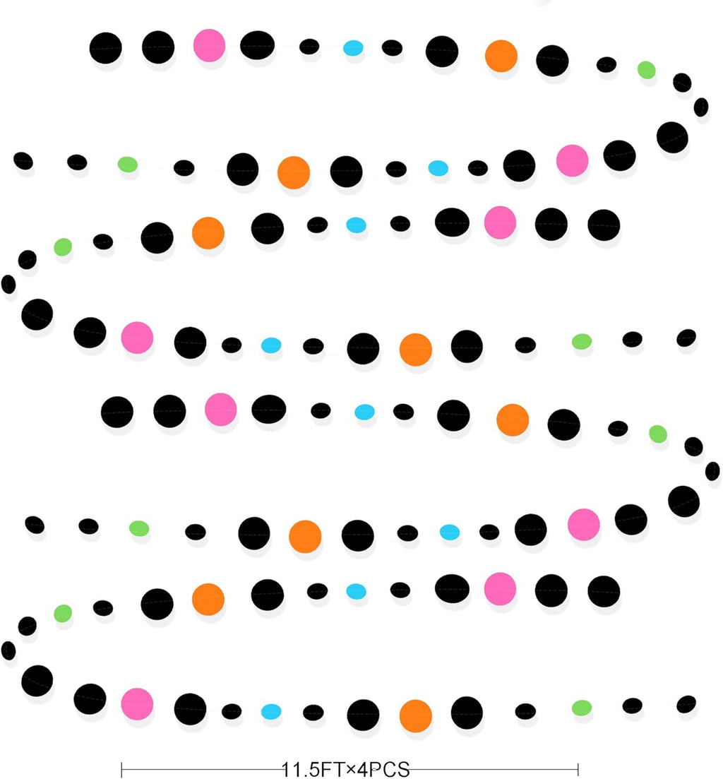 Black and Colorful Circle Dots Hanging Paper Streamer Black Multi-Color Polka Dot Banner for Birthday Bachelorette Wedding Baby Shower Fiesta Disco Halloween Party Decorations Supplies