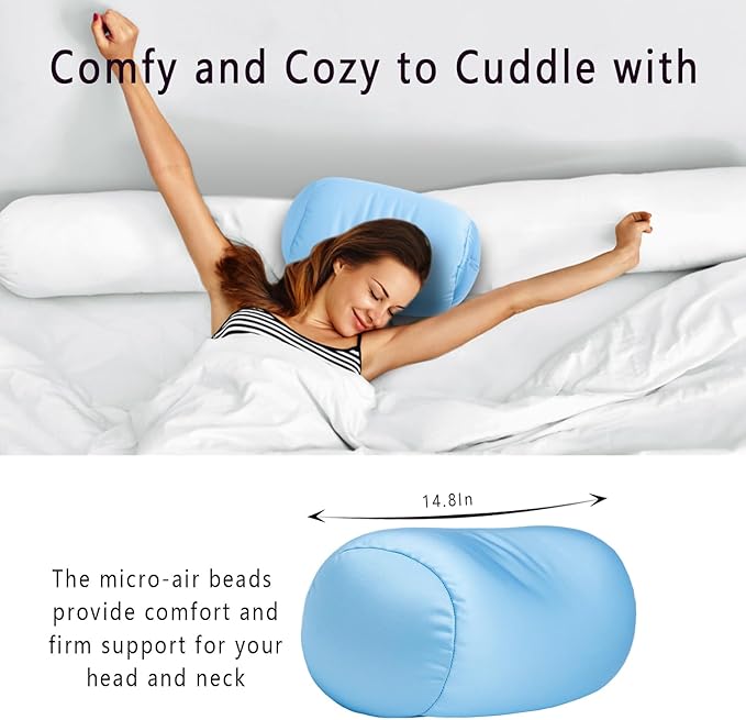 Microbead Body Pillow, Tube Microbead Bolster Bean Smooth Cool Pillow Neck Cervical Roll Pillow for Sleeping 7 x 12Inch Throw Travel Pillow(Maya Blue)