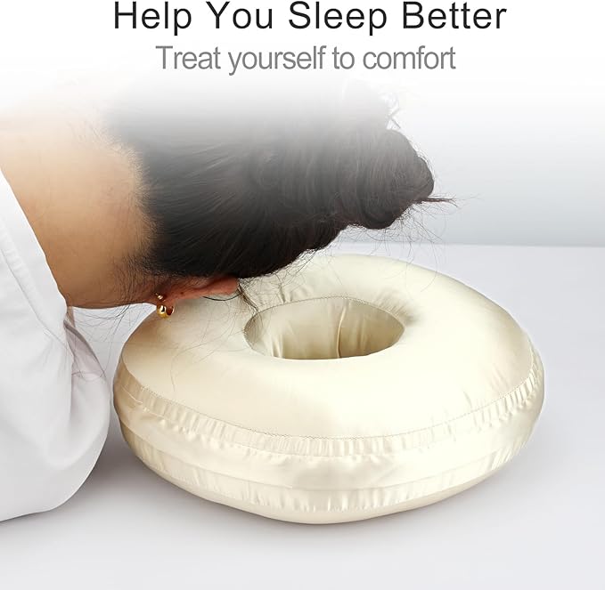 Silky Ear Piercing Pillows with Holes Removable Pillowcase Washable Donut Pillow for Ear Pain Side Sleeping Cartilage CNH Pressure Sore Tinnitus Headphones Relief Guard Protector Champagne
