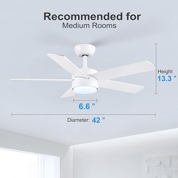 42 inch White Ceiling Fan with Lights and Remote Control, Dimmable Ceiling Fans with Lights,3-Color, Quiet Reversible 6-Speed, Wood Modern Ceiling Fan for Bedroom, Living Room, Dining Room