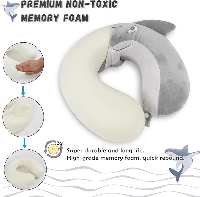 Travel Pillow, Kids Travel Pillow with Sleep Eye Mask Soft Memory Foam Kids Neck Pillow for Boys & Girls, Travel Accessories for Car Airplane Traveling - Shark
