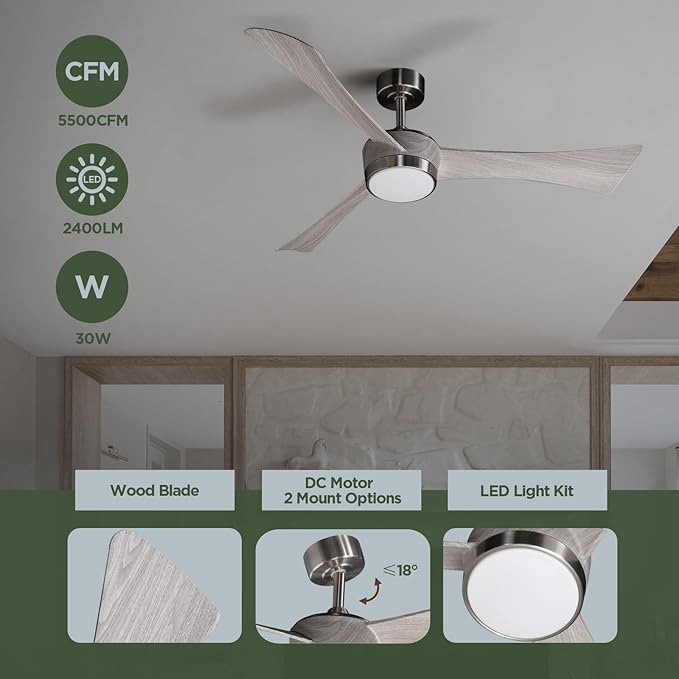 Ceiling Fan with Light Remote: 52 Inch Modern Bedroom Fans with Dimmable Tri-Color Temperatures LED - Water Transfer Printing 3 Blades (Brushed Nickel+Gray-3)