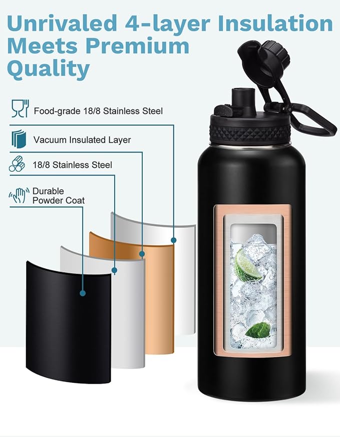 32oz/40oz/64oz Insulated Water Bottle with Straw & Spout Lids, Paracord Handle, Bottle Sleeve, Silicone Boot, Thermal Metal Flask Jug Keep Cold 48H & Hot 24H, Hydro Bottle for Travel Work Camping