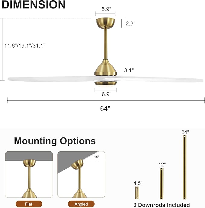 64 Inch Modern Ceiling Fan with Lights and Remote, 5 Wood Blades, 6-Speed Noiseless Reversible DC Motor with Replaceable Downrods for Bedroom Living Room Dining Room, Gold and White
