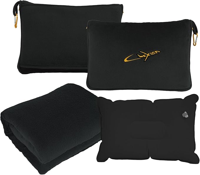 3 in 1 Travel Pillow and Blanket Set, Premium Soft 300 GSM Thick Airplane Blanket Compact with Bag for Long Trips Essentials, Hand Luggage Sleeve and Backpack Clip (Black)