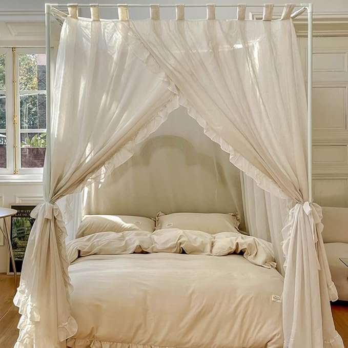 Elegant Modern Linen Princess 4 Corner Post Mosquito Net Romantic for Girls Women Bed Curtain Canopy for Adult Wedding Bedroom Kids Rooms Decoration (White-Beige, King)