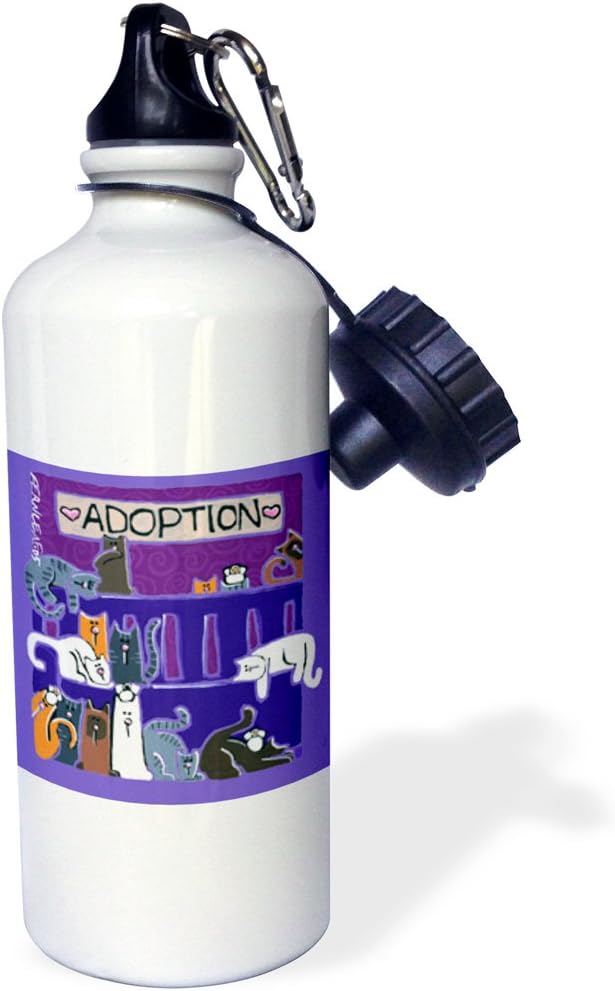 3dRose "Cats, Cat, Kittens, Kitten, Cat Adoption, Cat Rescue, Pet Adoption, Cat Cartoon Art" Sports Water Bottle, 21 oz, White