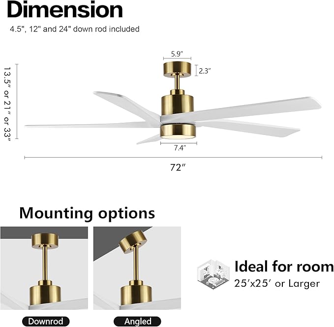 WINGBO 72 Inch DC Ceiling Fan with Lights and 3 Downrods, 5 Reversible Carved Wood Blades, 6-Speed Noiseless DC Motor, Large Ceiling Fan in Brass Finish with White Blades, ETL Listed