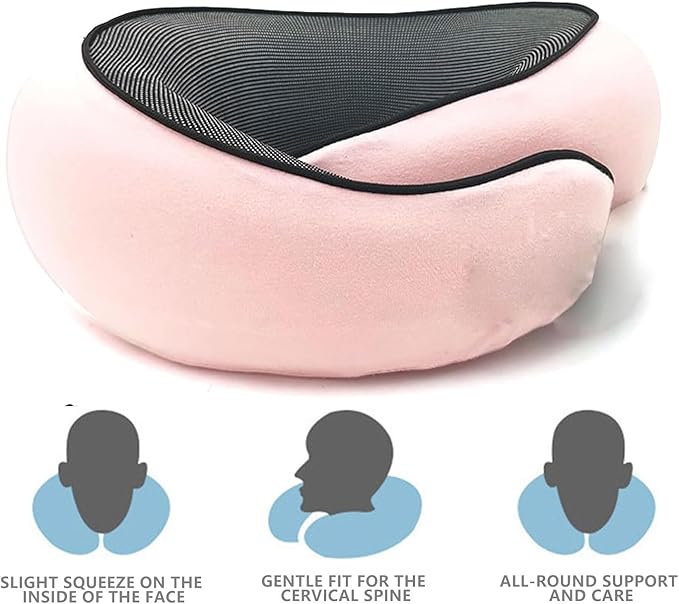 2024 Memory Foam Neck Pillow 360 Degree Neck Support Travel Pillows for Airplanes and Long Flight Travel Neck Pillow (Pink)