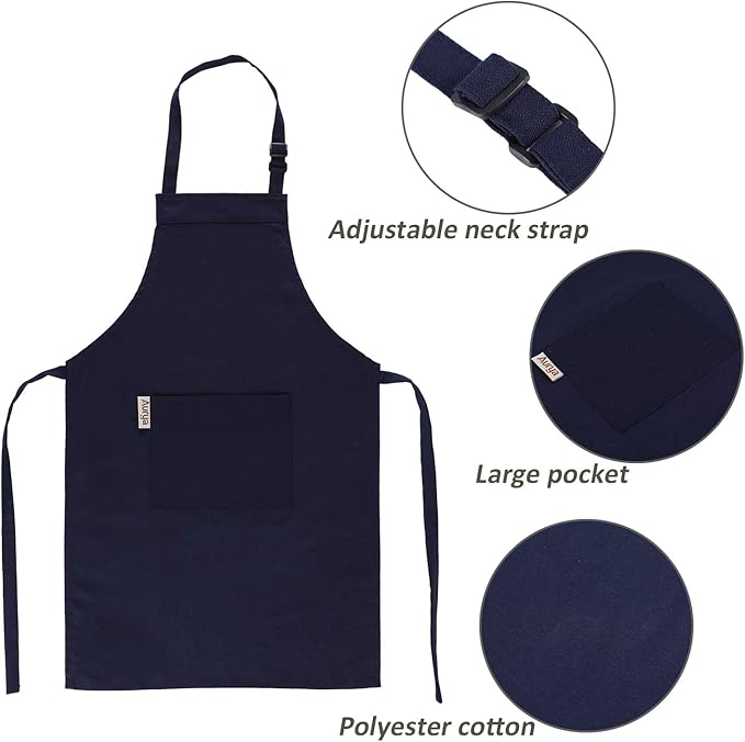 Kids Apron and Chef Hat Set-Adjustable Child Apron for Boys and Girls for Cooking Baking Dark Blue