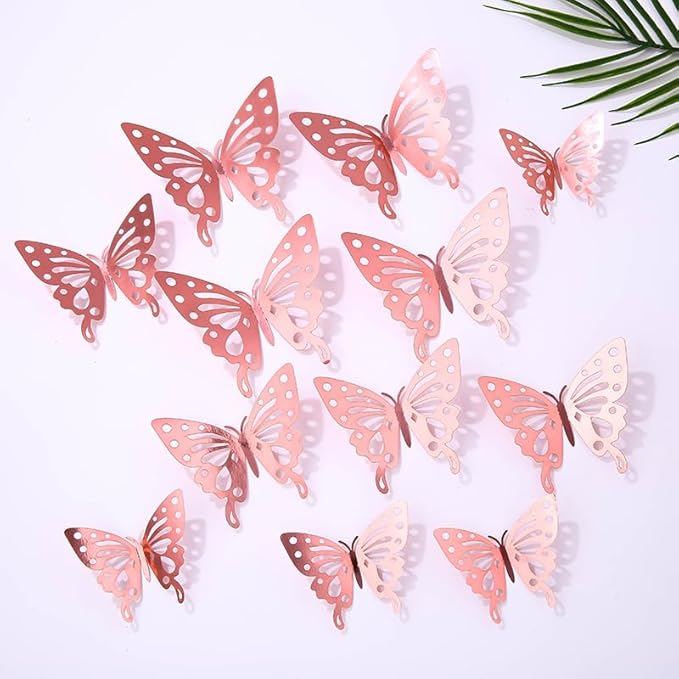3D Butterfly Wall Decor 48 Pcs 4 Styles 4 Colors 3 Sizes,Gold Silver Laser Rose Butterfly Decorations for Butterfly Birthday Decorations Butterfly Party Decorations Cake Decorations,Removable Sticker