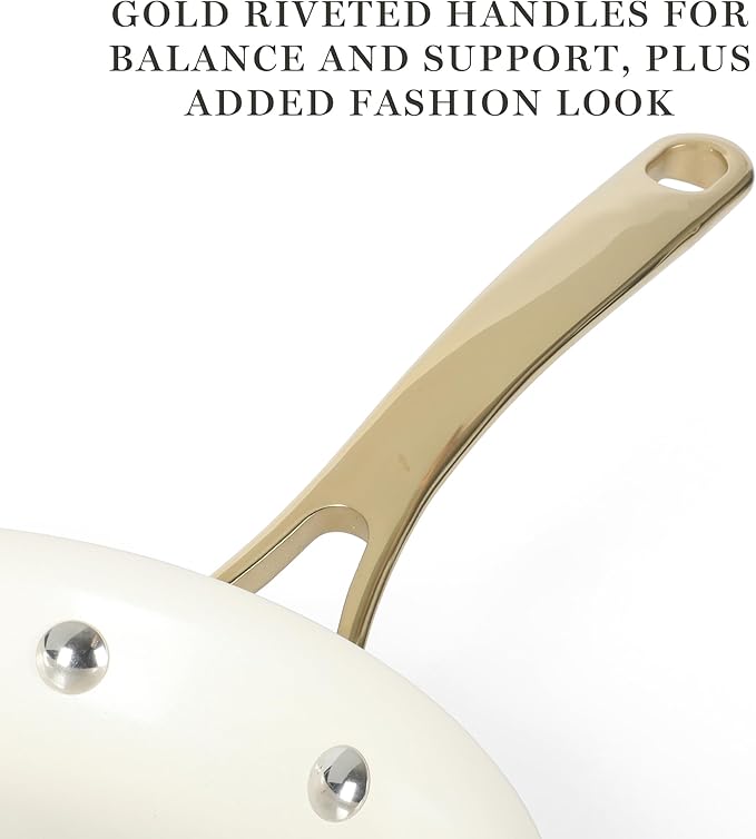 Martha Stewart Galway Premium Nonstick PFA Free Ceramic Interior 10 Piece Heavy Gauge Enamel Aluminum Pots and Pans Cookware Set W/Aluminum Lids - Black W/Gold Handle