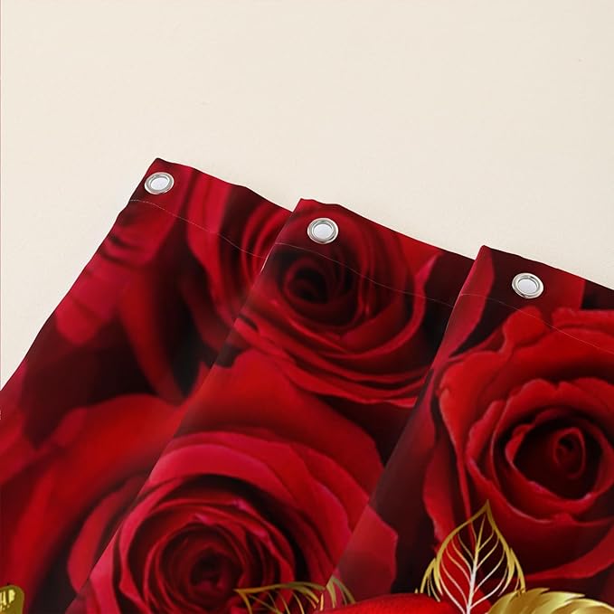 AILONEN Red Rose Couple Shower Curtain,Red and Gold Hearts Printed Bath Curtain,Modern Waterproof Luxury Rose Themed Bathroom Decor, 72" W x 96" H