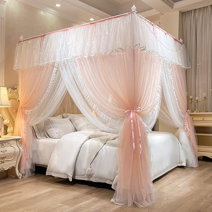 Mengersi Canopy Bed Curtains with Lights,4 Corner Bed Canopy Royal Luxurious Bed Drapes Netting,Princess Bed Curtains for Girls Adults Bedroom Decoration (Peach, California King)