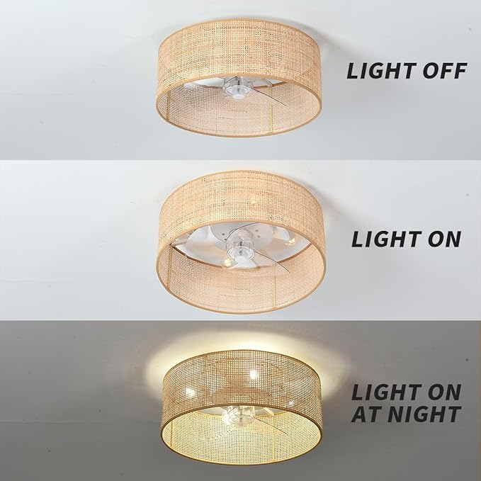 Bamboo Small DC Ceiling Fan with Light Fixture and Remote Control,Boho Enclosed Wicker Caged Flush Mount Rattan Cage Drum Low Profile Fandelier for Kitchen Nursery Bedroom Indoor Office Dining Room