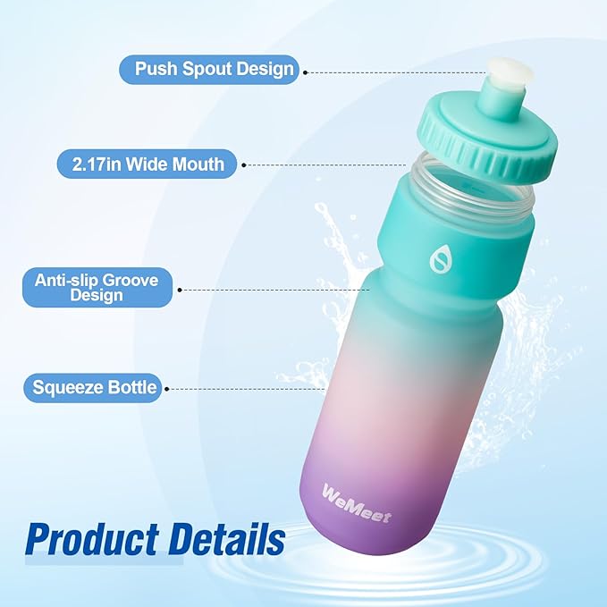 24oz Sport & Bike Squeeze Bottle, Leak Proof Bike Water Bottle with Capacity Scale, BPA Free, for Cycling, Mountain Biking, Running, Hiking (Green Pink Purple, 2 Pack)
