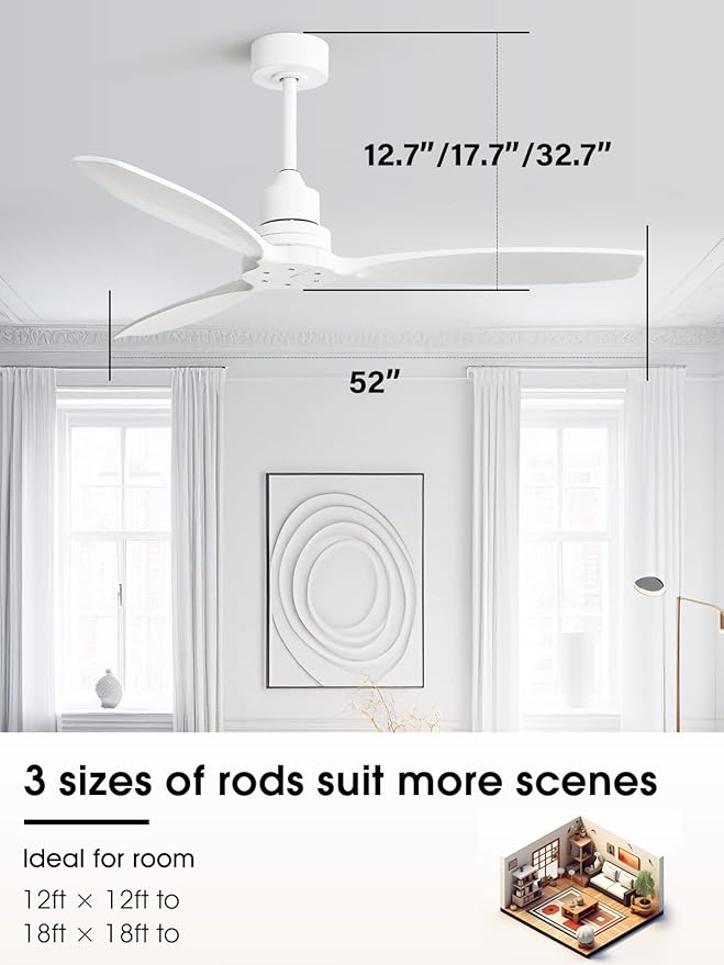 Sofucor 52 Inch Ceiling Fan no Light, Outdoor Indoor Modern White Ceiling Fan with Remote Control and with Reversible Quiet DC Motor, 6 Speed, 3 Downrods, for Farmhouse Bedroom Patio Balcony