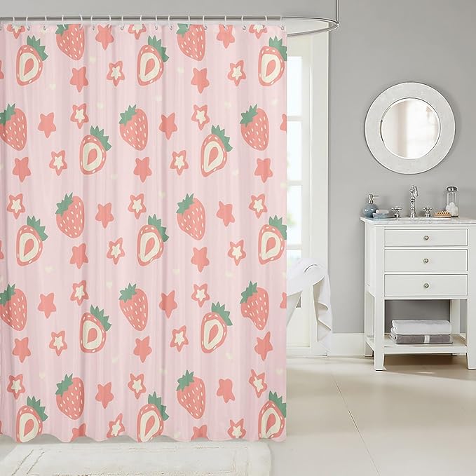 Feelyou Pink Strawberry Fabric Shower Curtain Kawaii Fruit Shower Curtain for Kids Boys Girls Cute Stars Strawberry Bathroom Waterproof Accessories with 12 Hooks Kawaii Lovely Curtains,72x84 Inches