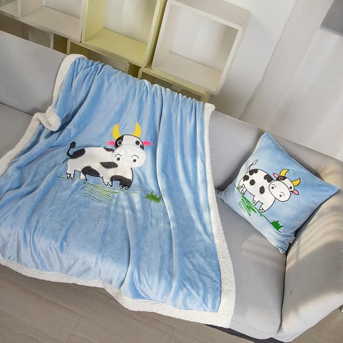 COSUSKET Kids Cow Throw Blanket, 3D Animal Embroidery Sherpa Blanket Girls Boys Gifts