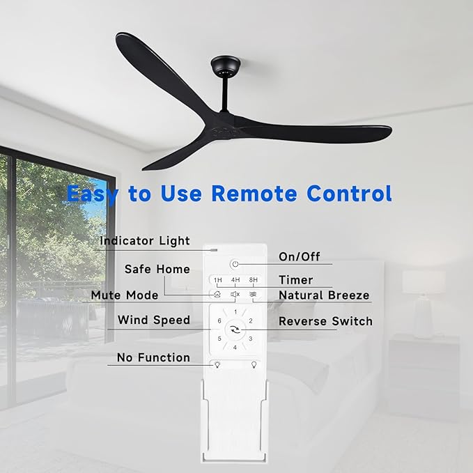 Bigzone 70" Black Ceiling Fan Without Light, 3 Solid Wood Blades, Outdoor Ceiling Fan with Remote, Reversible Motor