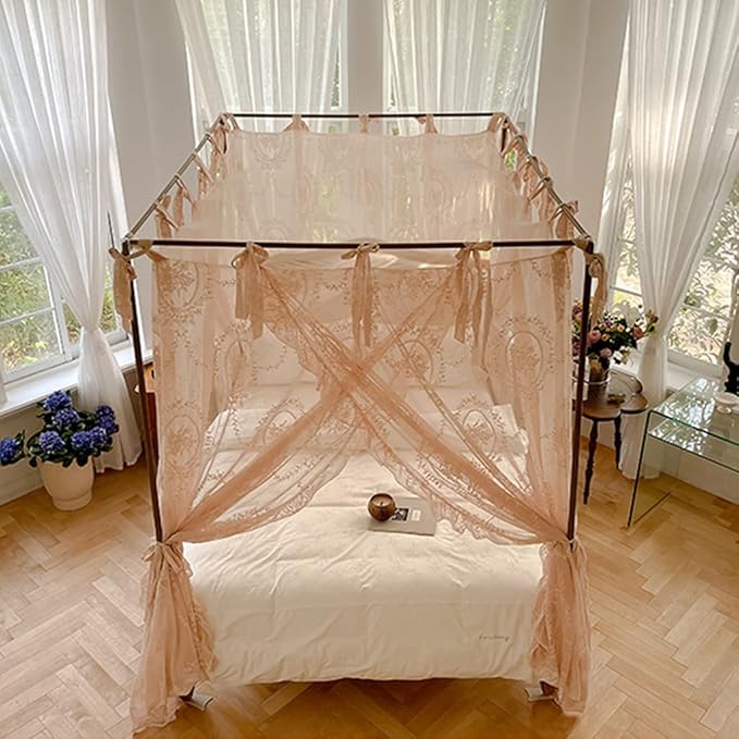 Elegant Lace Princess 4 Corner Post Mosquito Net Romantic for Girls Women Bed Curtain Canopy for Adult Wedding Bedroom Kids Rooms Decoration (Color-B, Full)