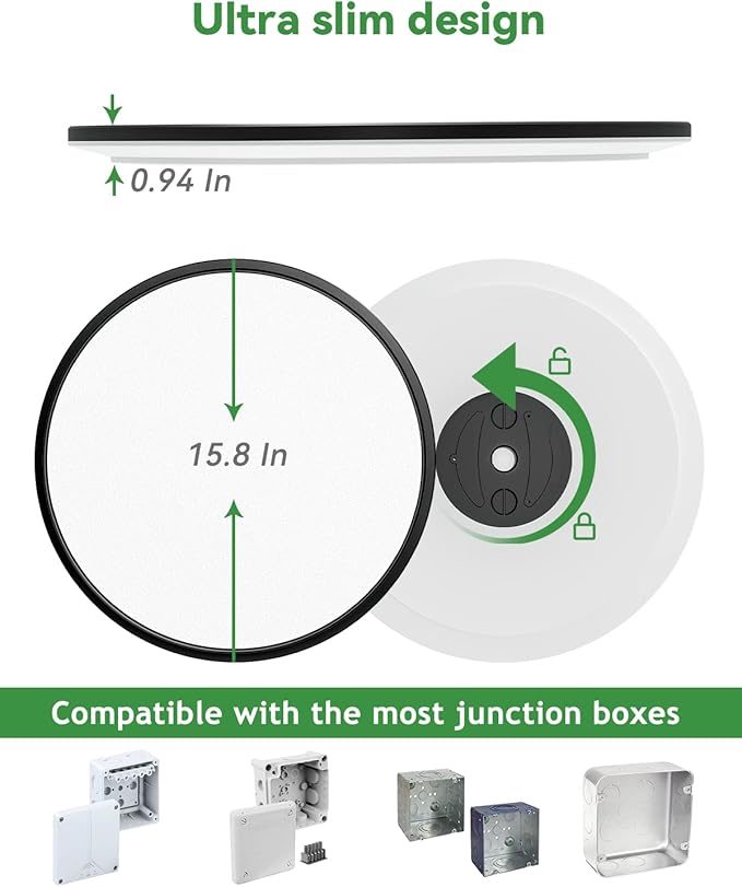 1PACK Flush Mount LED Ceiling Light Fixture Black, 15.8Inch 36Watt, Dimmable & 3000K-4500K-6000K 3 Color Selectable Ceiling Lamp 4000LM Low Profile Ceiling Light for Kitchen Bedroom Hallway Porch