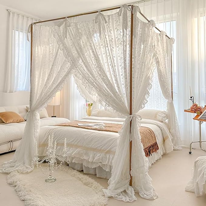 Elegant Princess 4 Corner Post Mosquito Net Romantic for Girls Women Bed Curtain Canopy for Adult Wedding Bedroom Kids Rooms Decoration (Type2-White-Flower, Full)