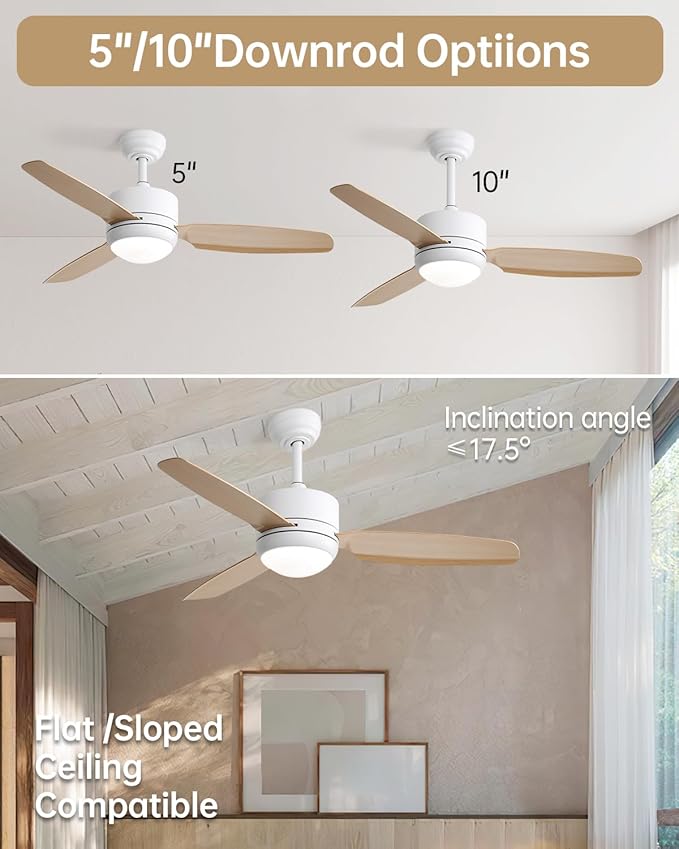CACI Mall 46 inch Ceiling Fans with Lights and Remote, FUSH Mount Low Profile Ceiling Fan, Modern,3 Blade,6 Speed DC Motor,Quiet,Small Ceiling Fan for Bedroom Indoor/Outdoor Use