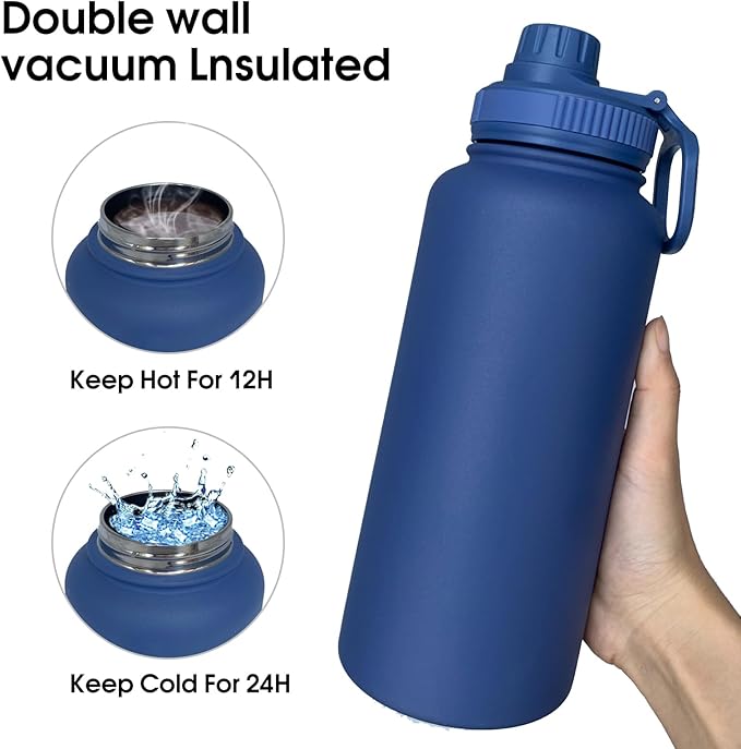 32oz Insulated Water Bottle ，Stainless Steel Sports Water Cup Flask with 2 Lids, Wide Mouth Travel Thermal Mug,Outdoor Sports Bottle（Dark Blue）