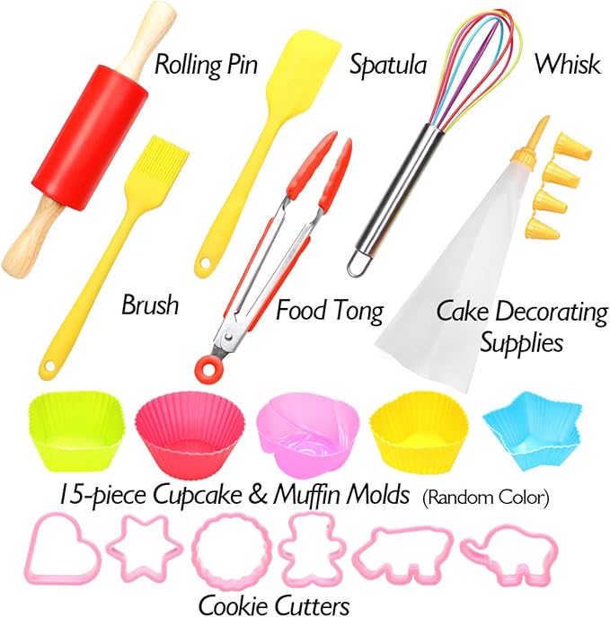 Kids Cooking and Baking Set 40 Pcs with Gift Box, Real Kitchen Utensils Kit for Children Toddlers Teens, Gift for Girls&Boys, Nonstick Rolling Pin Silicone Pastry Mat Cupcake Molds