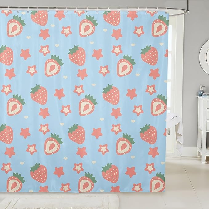 Feelyou Blue Strawberry Bathroom Waterproof Accessories with 12 Hooks Kawaii Fruit Shower Curtain for Kids Boys Girls Cute Stars Strawberry Fabric Shower Curtain Kawaii Lovely Curtains,72x78 Inches