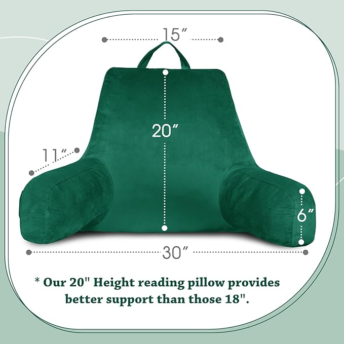 LOVTEX Reading Pillow with Removable Cover, Back Pillow for Sitting Up in Bed with Arms and Pockets, Bed Rest Pillow Adult, 20 x 15 Inches(Emerald Green)