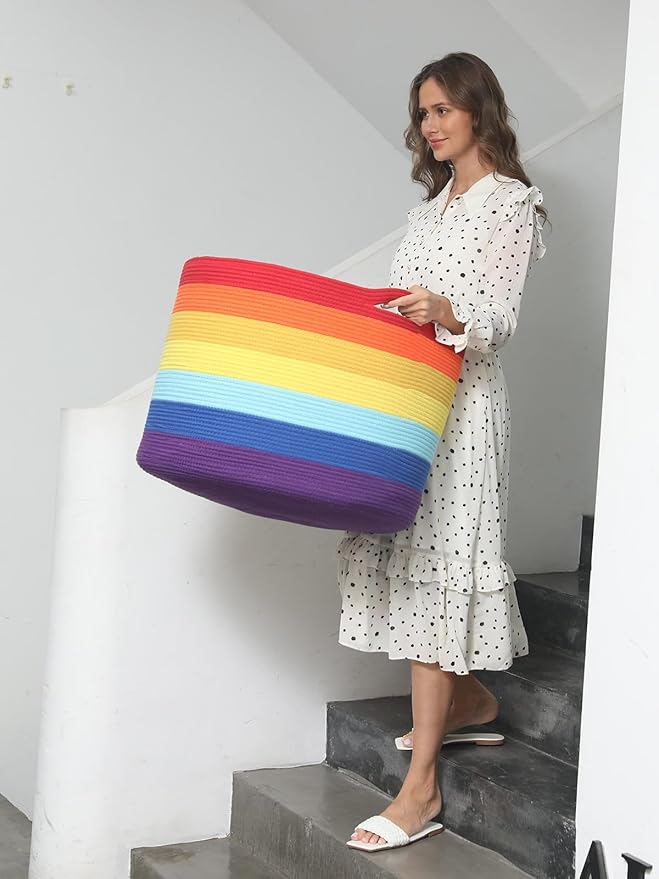 24" x 24" x 17" Max Size Large Cotton Rope Basket, Extra Large Storage Basket, Woven Laundry Hamper, Cloth Storage Bin, for Blankets Clothes Towels Pillows in Living Room, Rainbow