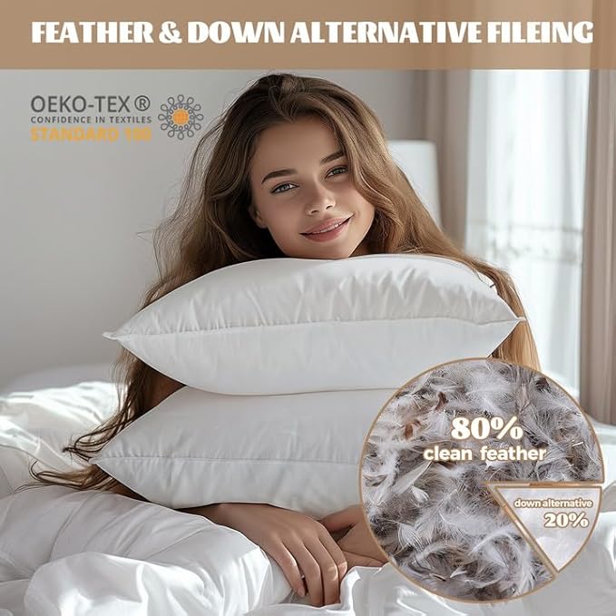 WOLKI Feather Down Alternative Pillows Sandard Size Set of 2, 100% Soft Cotton Shell Bed Pillow, Hotel Sleeping Pillow for Back, Stomach or Side Sleepers 20x26