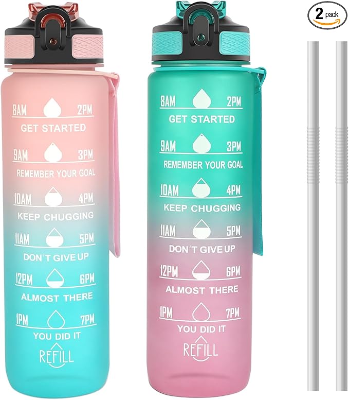 2 Pack 32oz Sports Water Bottle, Motivational Sports Water Bottle with Times Marker, Leak-Proof Water Cup for Fitness, Gym and Outdoor