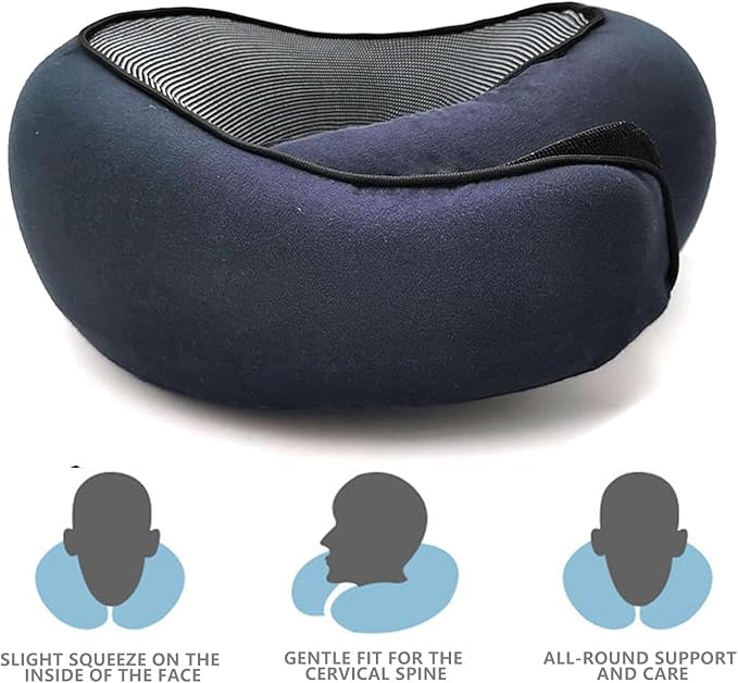 2024 Memory Foam Neck Pillow 360 Degree Neck Support Travel Pillows for Airplanes and Long Flight Travel Neck Pillow (Navy Blue)