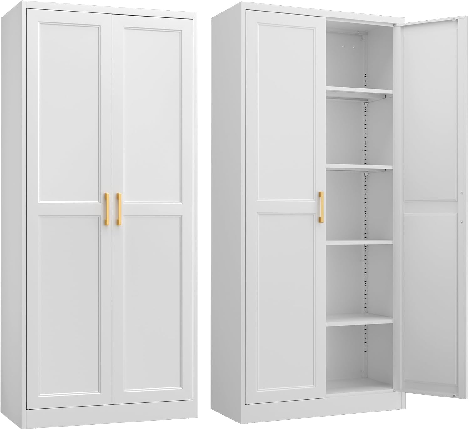 Kitchen Pantry Cabinet,71”White Metal Pantry Storage Cabinet with Doors and 4 Adjustable Shelves,Kitchen Cabinet with 2 Gold Handles,Tall Cabinet for Livingroom,Pantry, Bathroom,Kitchen