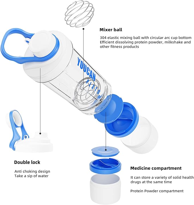 21oz Protein Shaker Bottle with Powder Storage Container-Shaker Cups for Protein Shakes-pre workout bottle-Mixer Cup-Gym Sport Water Bottle -Made with Tritan BPA Free,with Wire Whisk Balls (Blue)