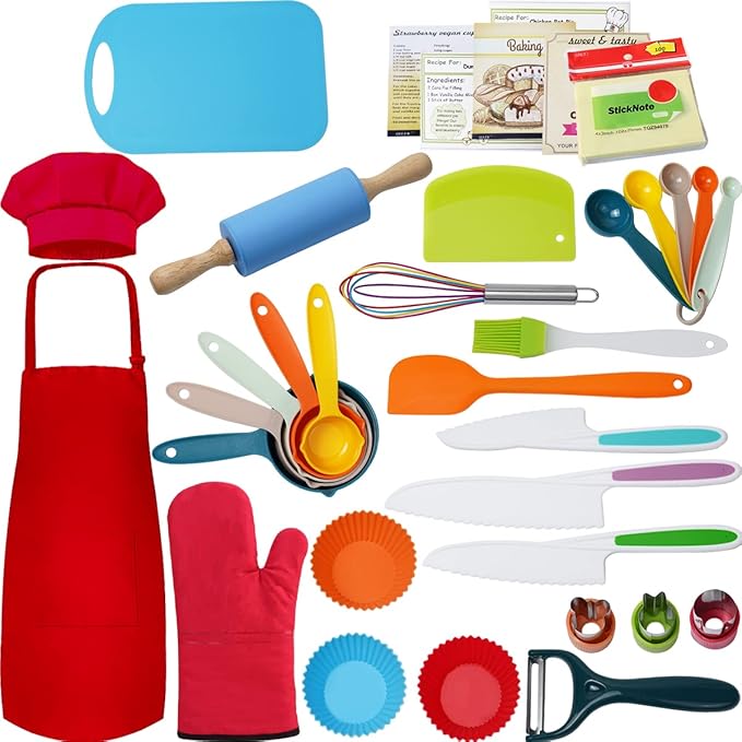 Kids Cooking and Baking Supplies Set with Gift Storage Box, Complete junior chef cooking Kit, Girls & Boys Childrens Real Bakeware Accessories, Real Cookware and Baking Utensils Sets for Kids