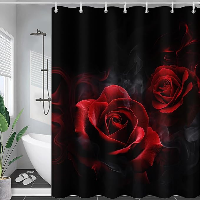 AILONEN Red and Black Rose Shower Curtain,Romantic Smoky Luxury Rose Bathroom Decor,Red Flower Garden Floral Bath Curtain,Waterproof 72" W x 84" H