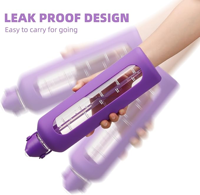 32 oz Glass Water Bottles with Straw Borosilicate Glass Water Bottle with Time Marker Motivational Water Bottles with Silicone Sleeve Leak Proof Reusable BPA Free