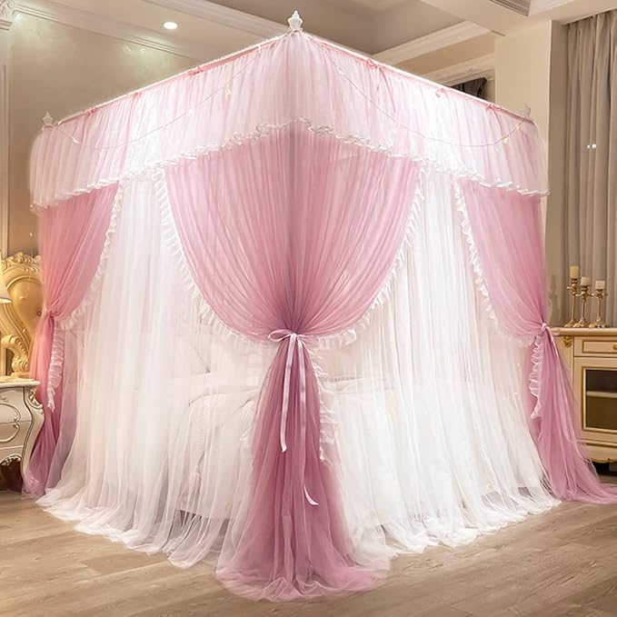 Mengersi Canopy Bed Curtains with Lights,4 Corner Bed Canopy Royal Luxurious Bed Drapes Netting,Princess Bed Curtains for Girls Adults Bedroom Decoration (Pink, Queen)