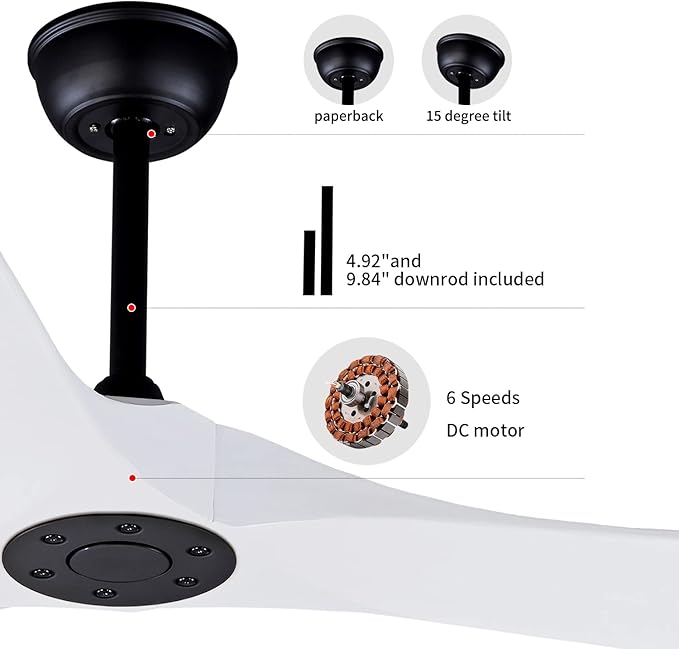 Bigzone 60" White Ceiling Fan Without Lights,DC Motor Quiet Energy Saving,3 White Balsa Wood Blades,Outdoor/Indoor Ceiling Fan With Remote Control，Reversible Blades