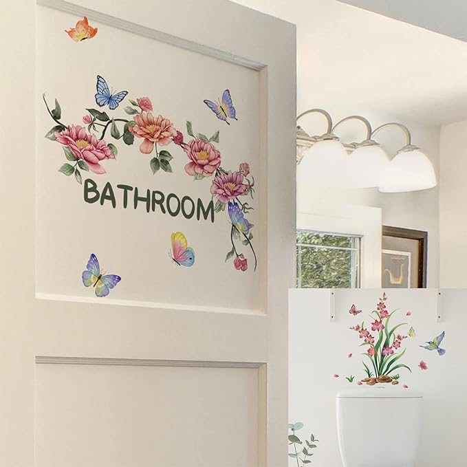 2 Sets Bathroom Decor Wall Stickers, Peony Roses Wall Stickers Floral Wall Decals, Watercolor Flowers Lily Daisy Butterfly Dragonfly Bird Wall Stickers for Bathroom Bedroom Living Room