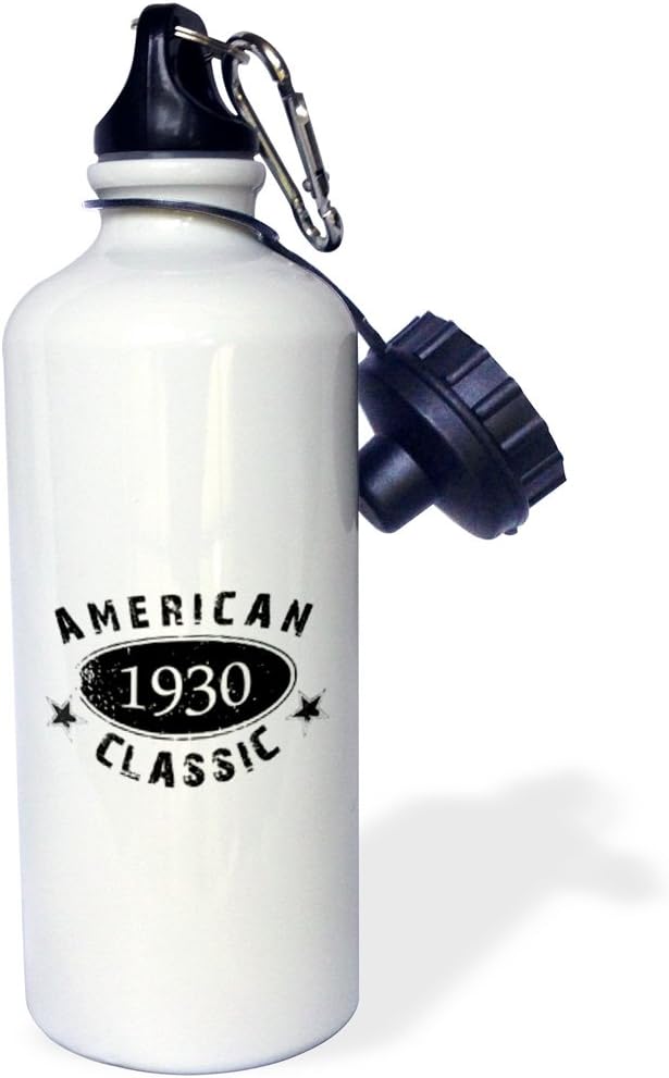 3dRose "1930 American Classic-Personalized Birth Year Birthday gift-black grunge vintage look-funny" Sports Water Bottle, 21 oz, White
