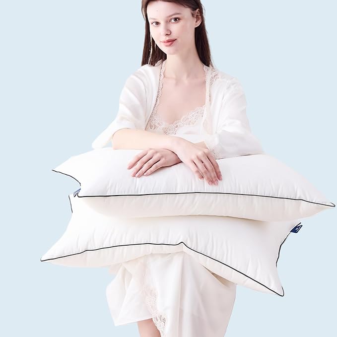 Goose Down Pillows Standard Size Set of 2, Luxury Hotel Collection Bed Pillow 2 Pack, Airyfil™ Powered Fillings & Feather Pillow，Soft Fluffy for Side, Back, Stomach Sleepers 20"x26"